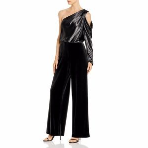 AIDAN MATTOX ONE SHOULDER MIXED MEDIA JUMPSUIT